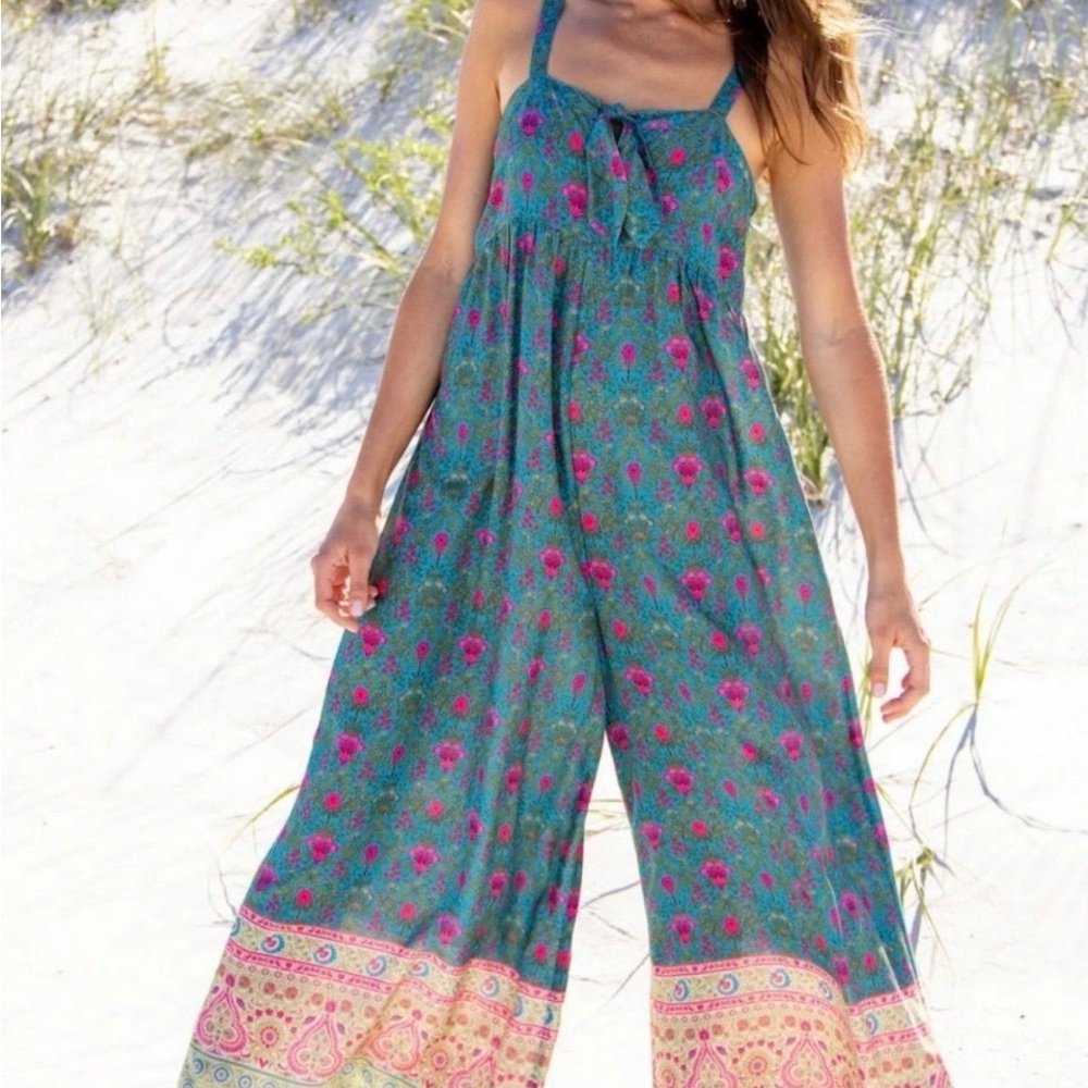 NATURAL LIFE Teal Jumpsuit with Pink Floral Print